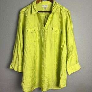 Dressbarn Chartreuse Utility Button Down‎ Shirt 3/4 SL Career Casual Top Sz 3X